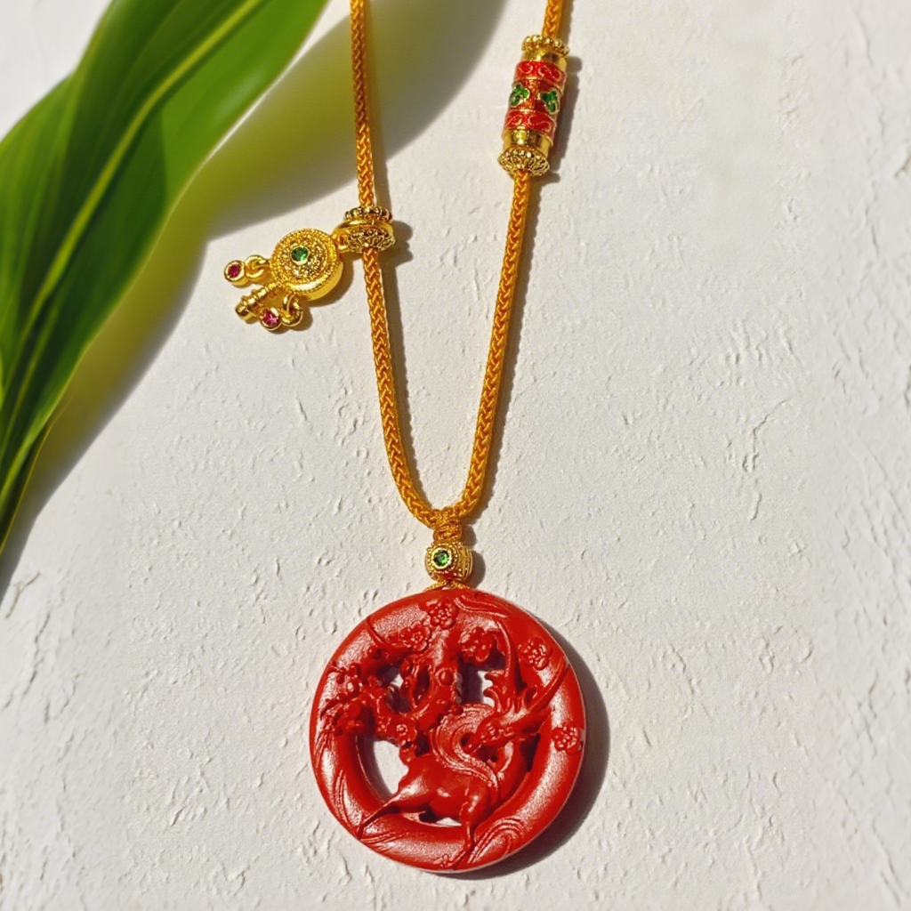 Cinnabar Necklace: Blooming Deer Cinnabar Talisman H179